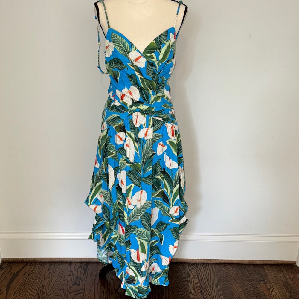 FARM Rio Blue Asymmetrical Anthurium Garden Maxi Dress Sz M